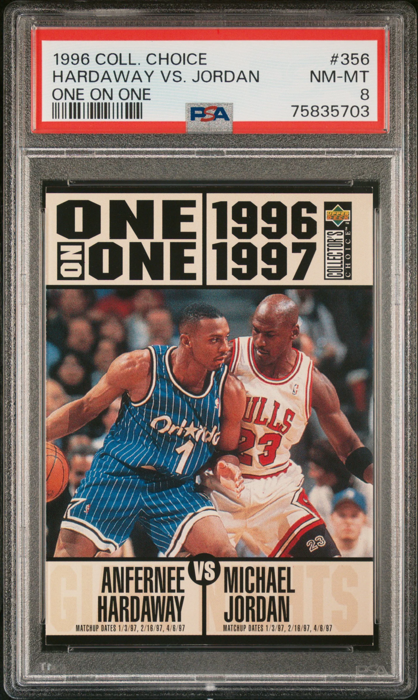 1996 Upper Deck Collector's Choice One on One #356 Anfernee Hardaway vs. Michael Jordan PSA 8