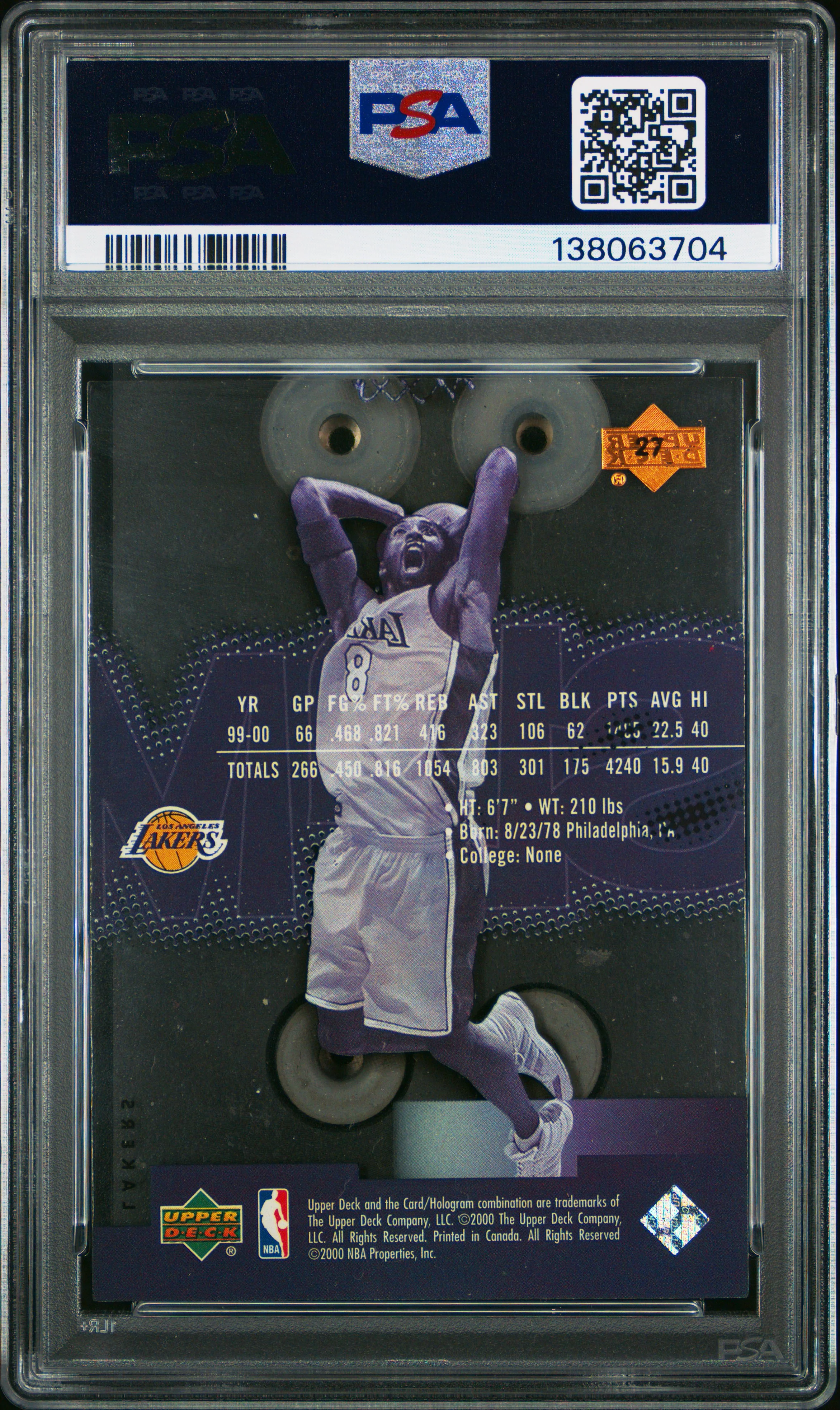 2000 Upper Deck Slam #27 Kobe Bryant PSA 9 - Image 2