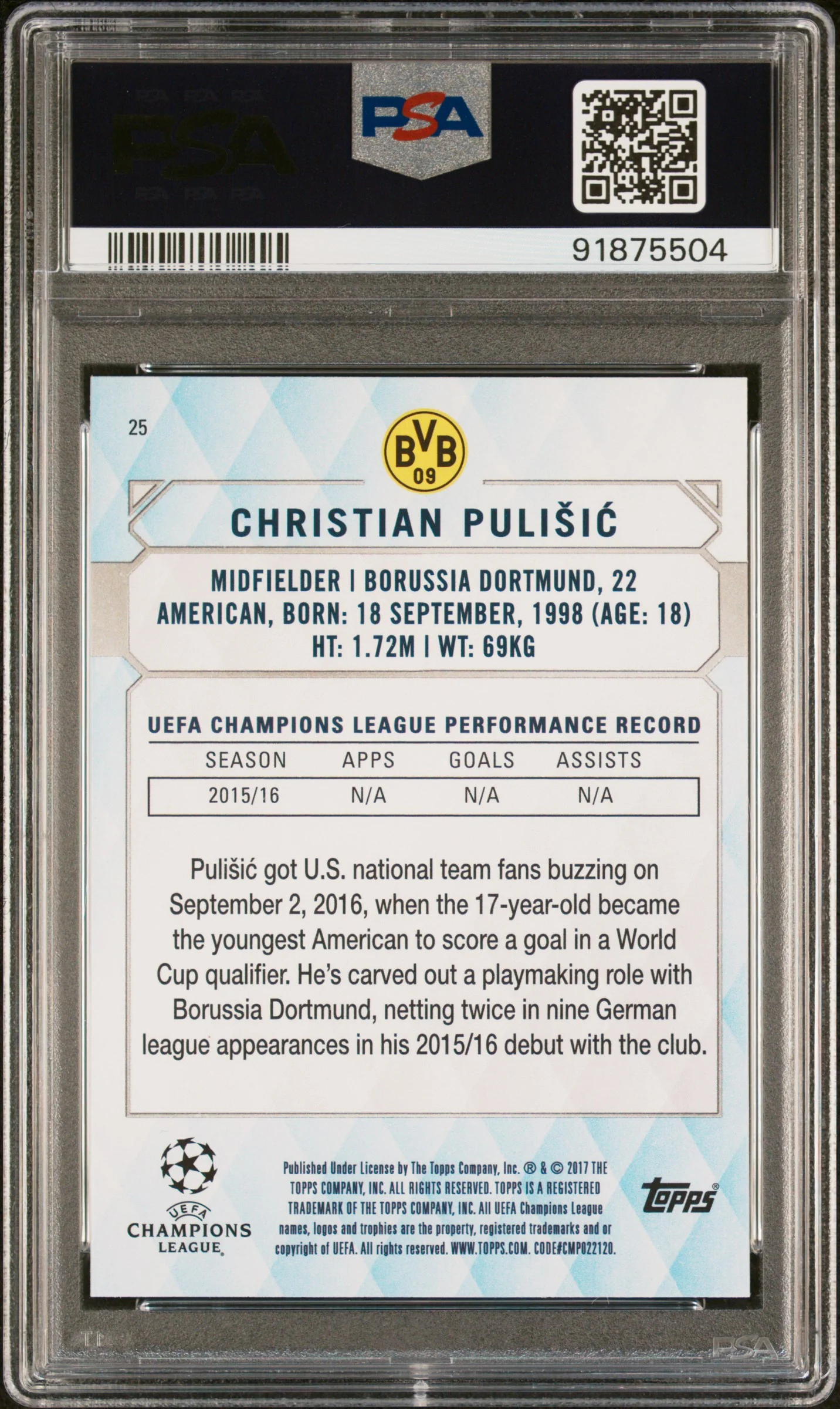 2016 Topps UEFA Champions League Showcase Orange #25 Christian Pulisic PSA 9 - Image 2