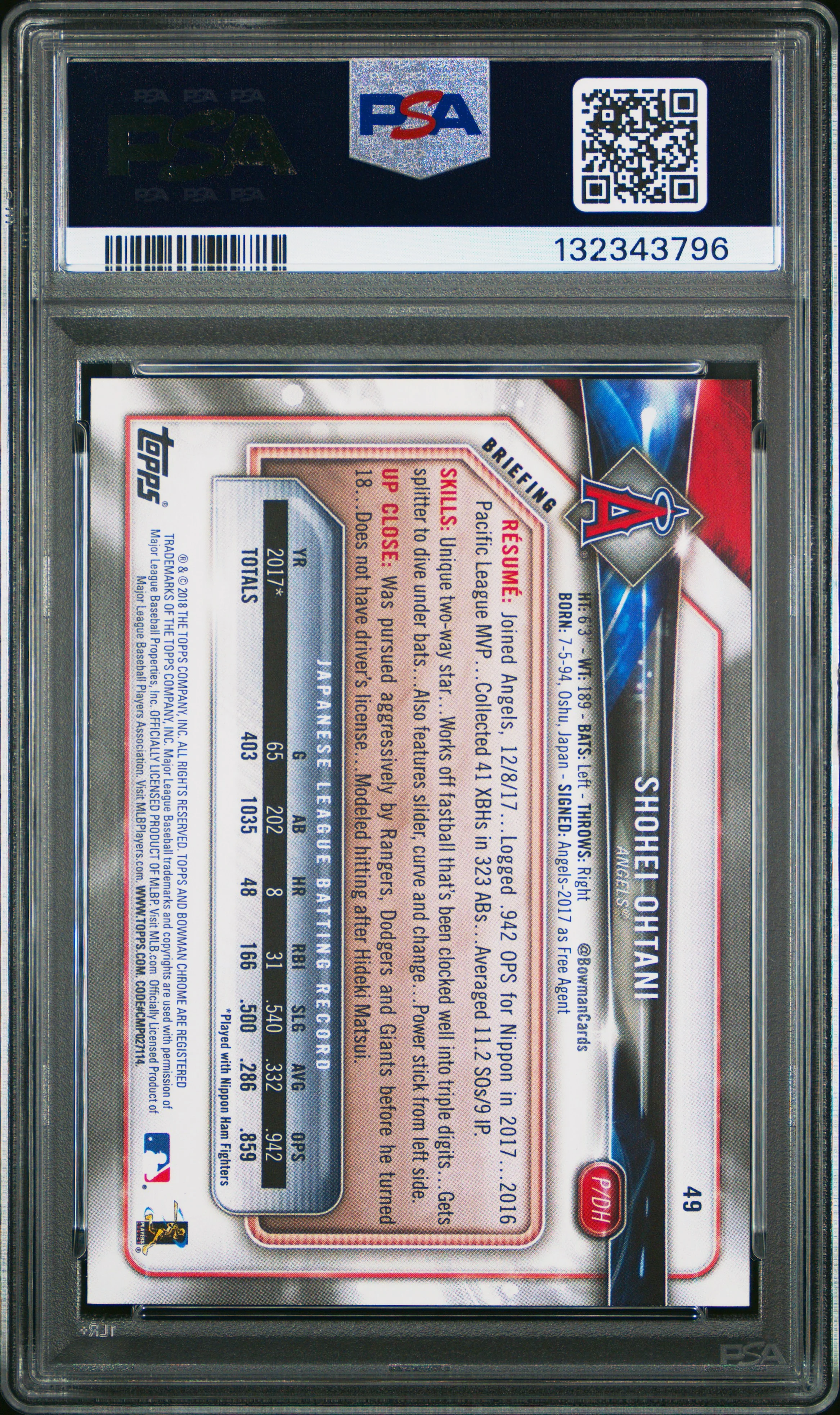 2018 Bowman #49 Shoehei Ohtani PSA 8 - Image 2