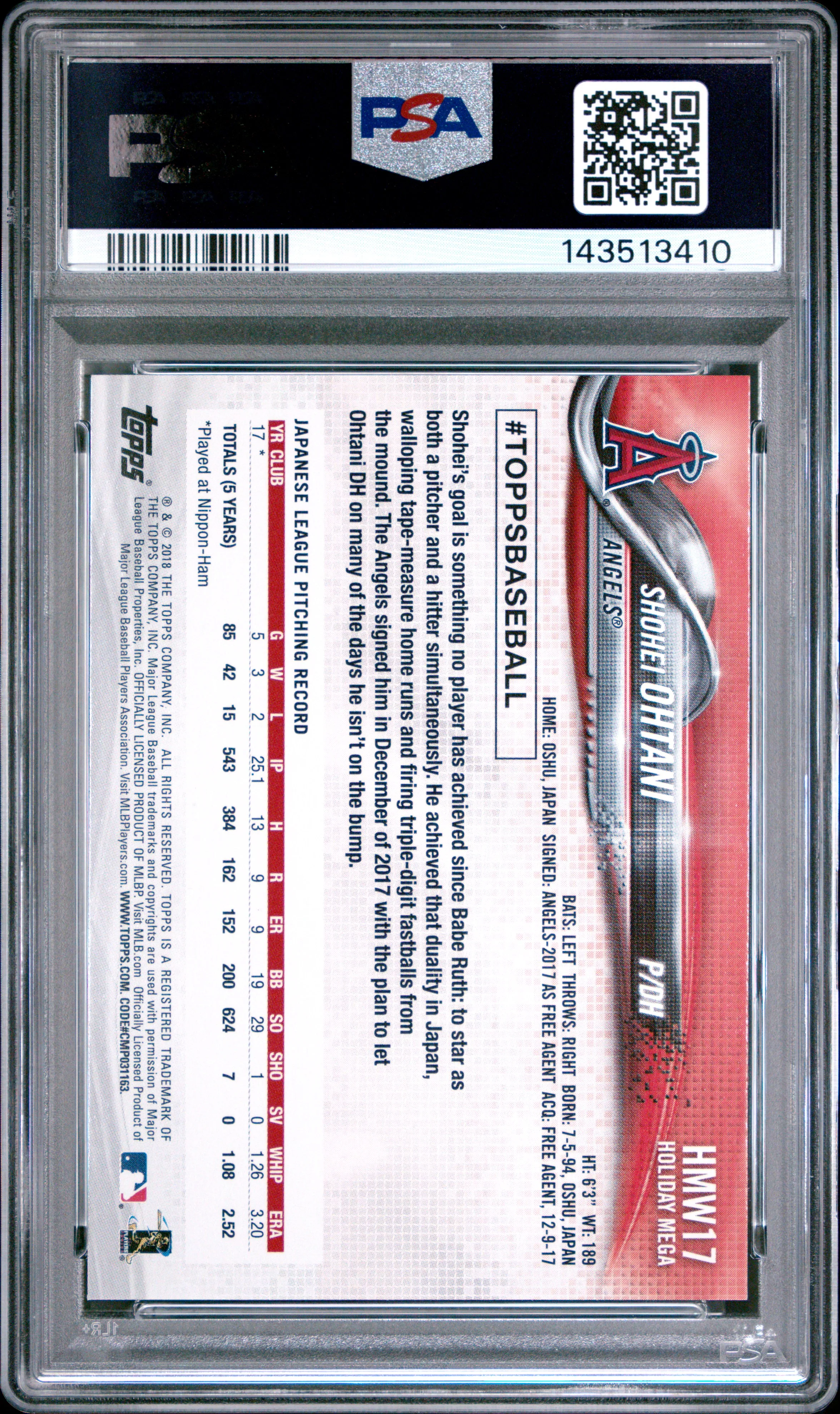 2018 Topps Holiday #17 Shohei Ohtani PSA 10 (143513410) - Image 2