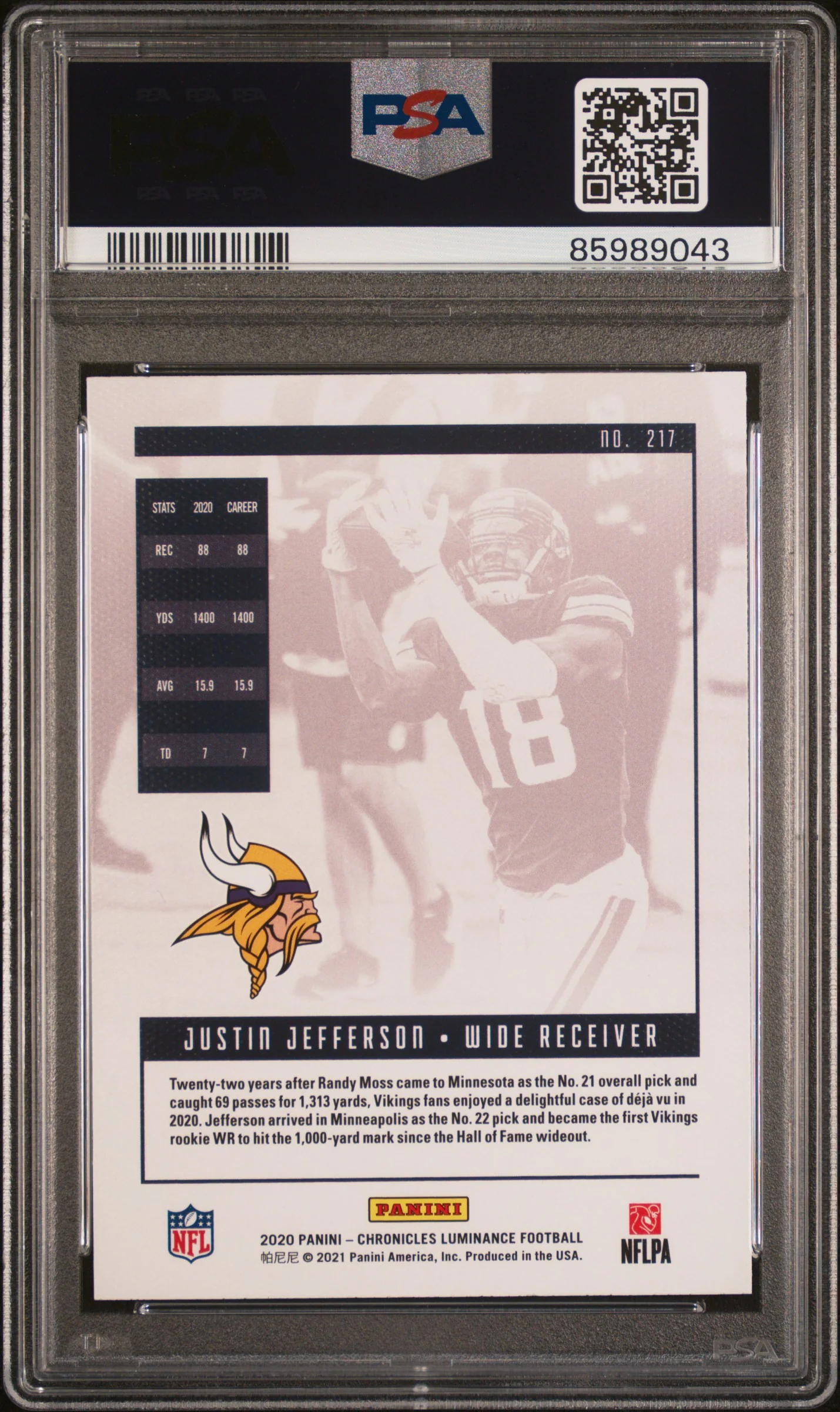 2020 Panini Chronicles Luminance #217 Justin Jefferson PSA 10 - Image 2