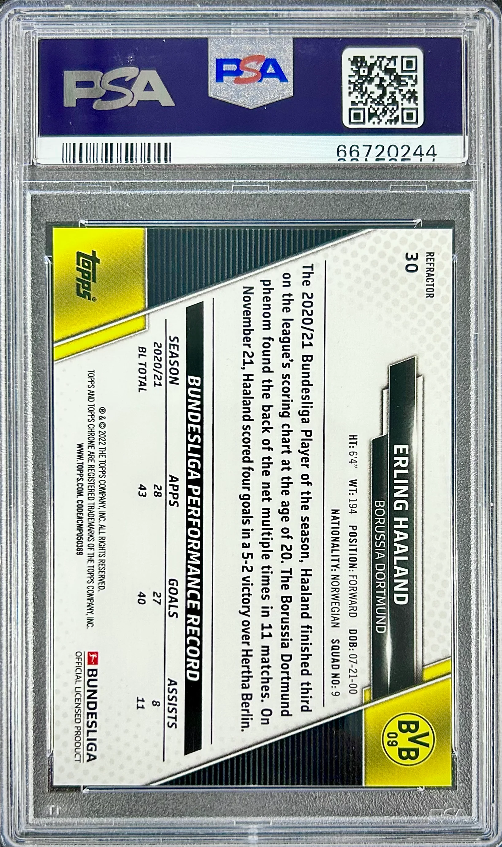 2021-22 Topps Chrome Bundesliga Refractor #30 Erling Haaland PSA 10 - Image 2