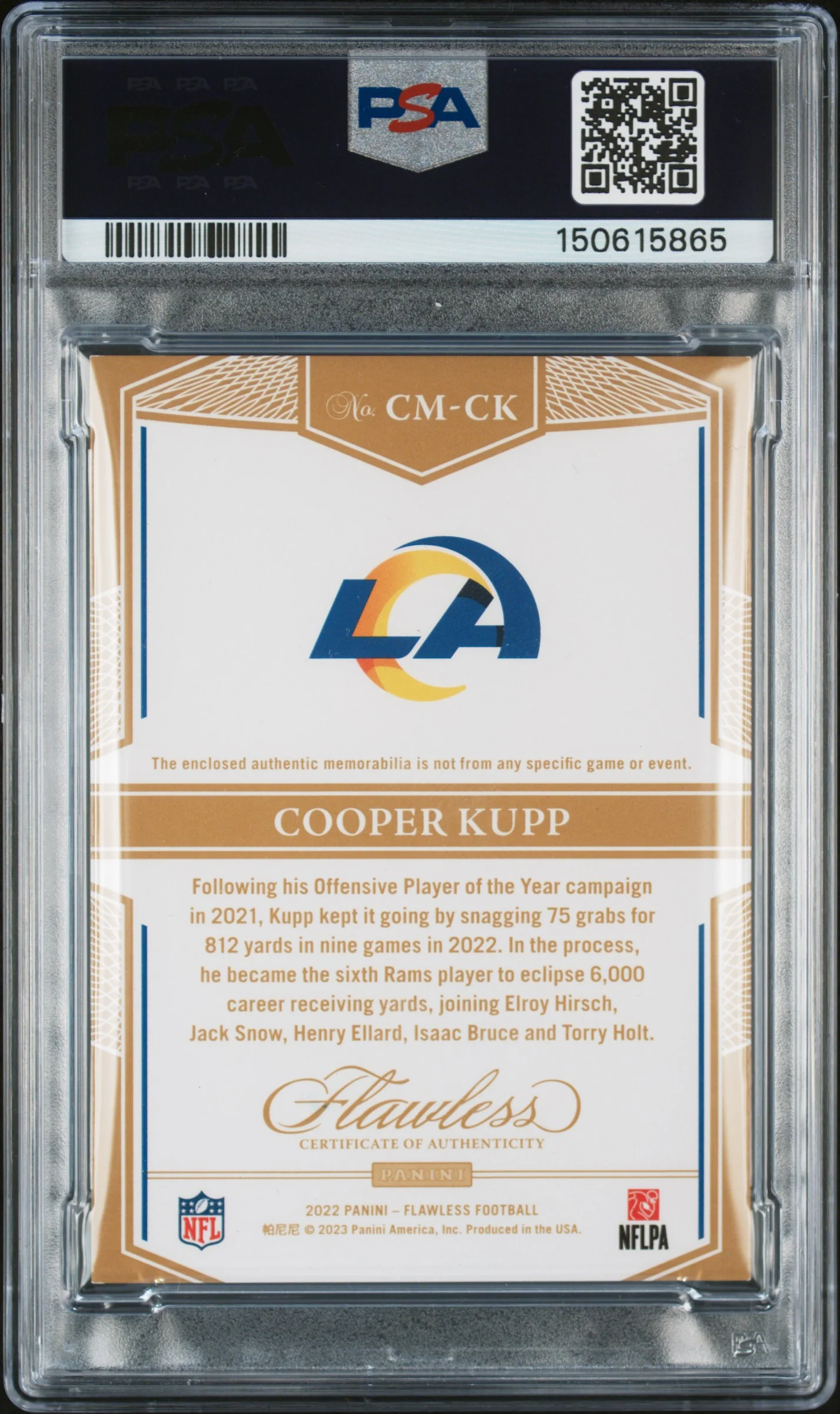2022 Panini Flawless Career Milestones Emerald /2 Cooper Kupp #CM-CK PSA 7 - Image 2