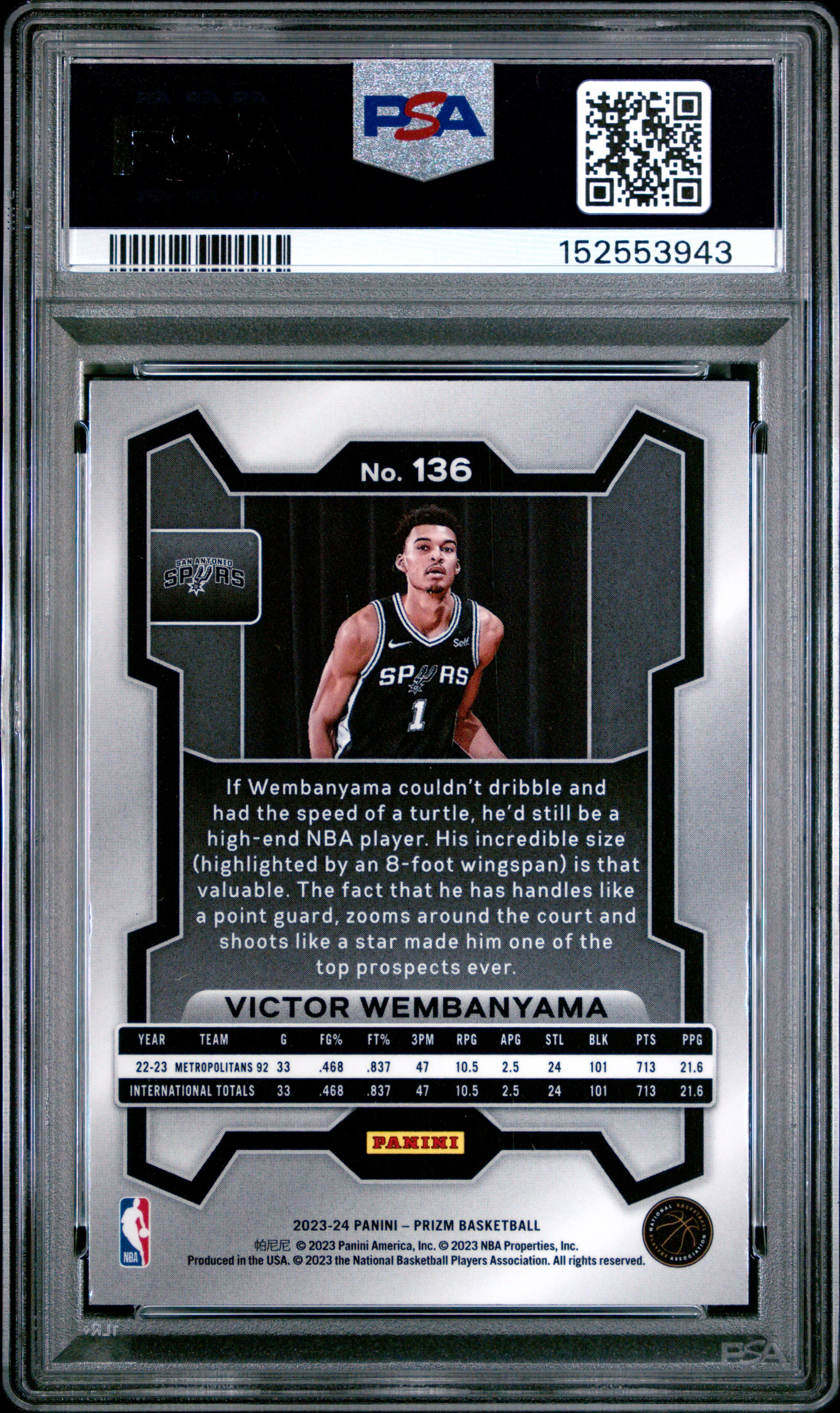 2023-24 Panini Prizm #136 Victor Wembanyama PSA 9 - Image 2