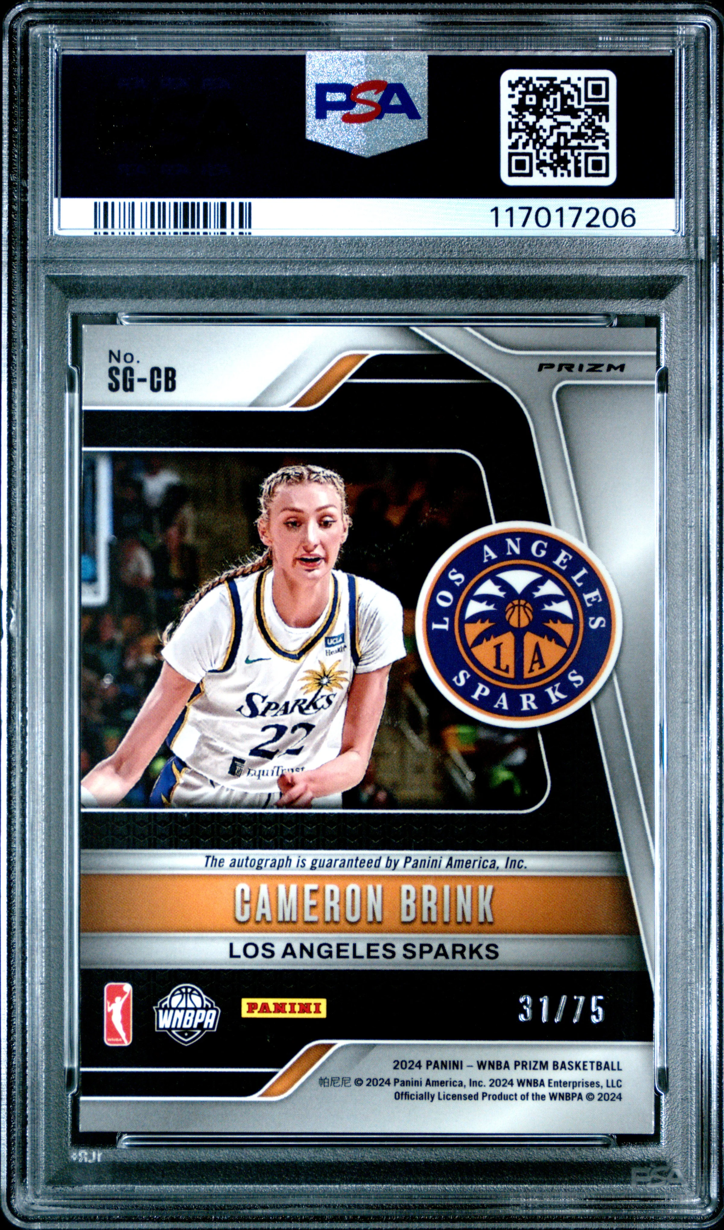 2024 Panini Prizm WNBA Signature Blue Prizm Auto /75 #SGCB Cameron Brink PSA 9 - Image 2