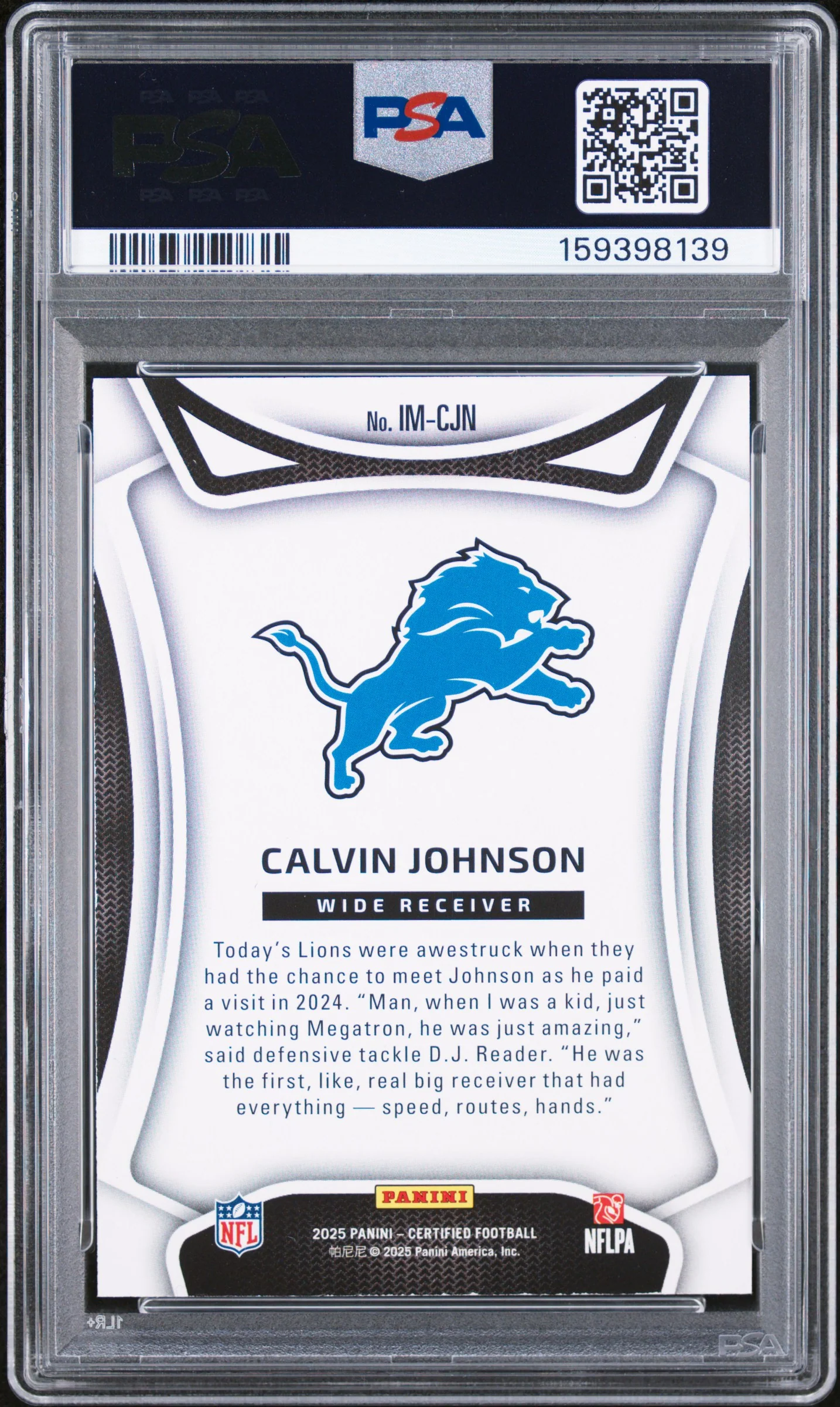 2025 Panini Certified Immortals Mirror Gold /10 #IM-CJN Calvin Johnson PSA 7 - Image 2