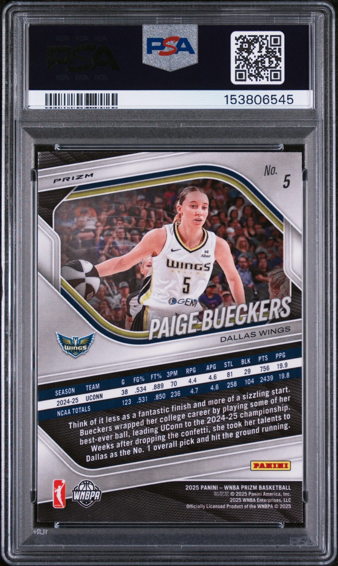 2025 Panini Prizm WNBA Blue Velocity #5 Paige Bueckers PSA 9 - Image 2