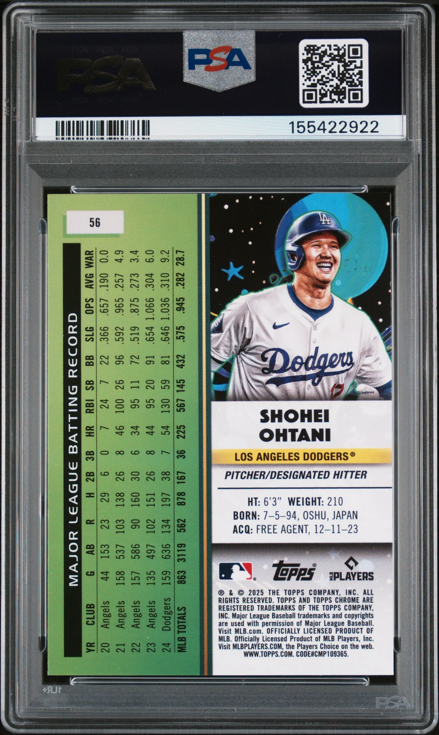 2025 Topps Cosmic Chrome Purple Nebula /150 #56 Shohei Ohtani PSA 9 - Image 2